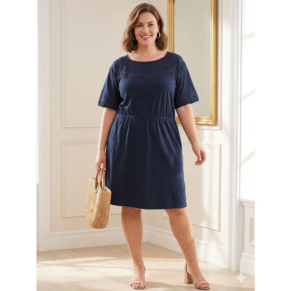 Talbots Plus Petite 2XP Navy Blue Eyelet Yoke Dress Cotton Modal Knit Short Slee